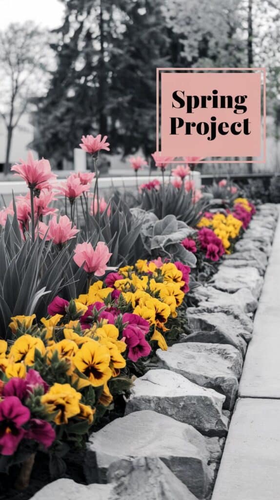 A flower bed with pink, yellow, and magenta blooms beside rocks; text reads Low-Maintenance Landscaping Ideas.