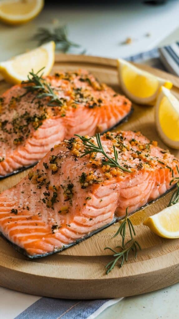 Two seasoned salmon fillets with herbs and lemonโone of our Peak Power Recipes: 5 Energy-Efficient Meals for High-Cost Hours.