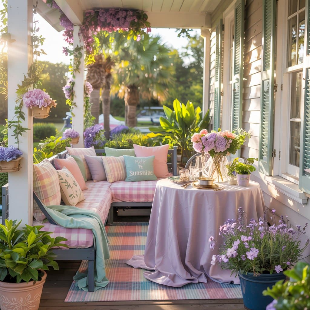 Charming porch with pastel cushions, flowers, and a small tableโperfect for decorating a front porch for spring on a budget.