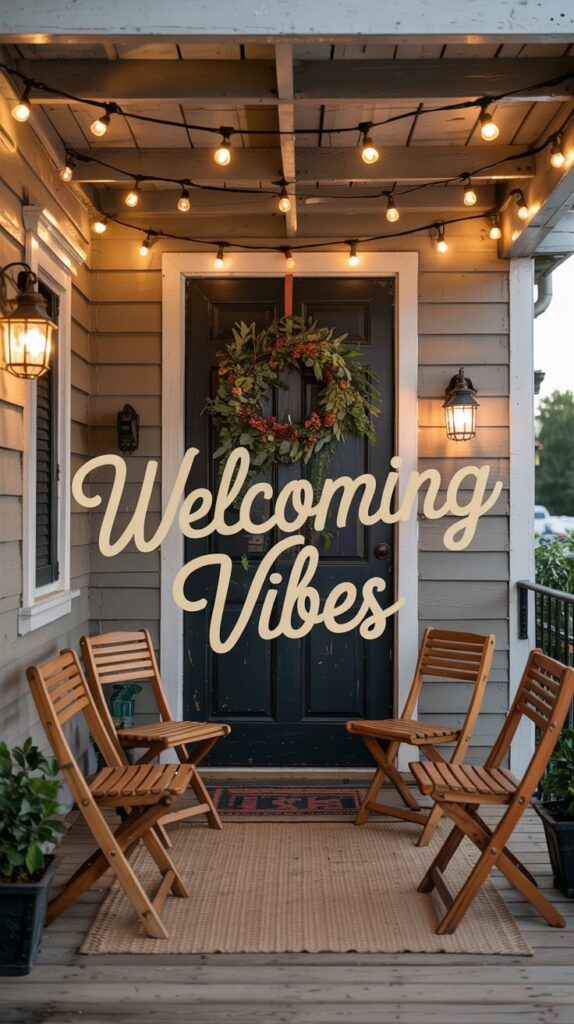 Decorating a front porch for spring on a budget, this cozy space glows with string lights, wreaths, and welcoming vibes.