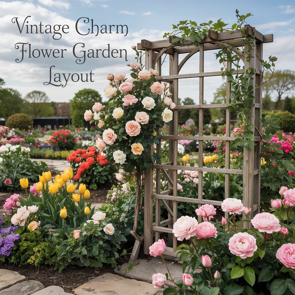 A wooden trellis with pink roses and blooms, text: Easy Cut Flower Garden Layout for Small SpacesโVintage Charm Style.