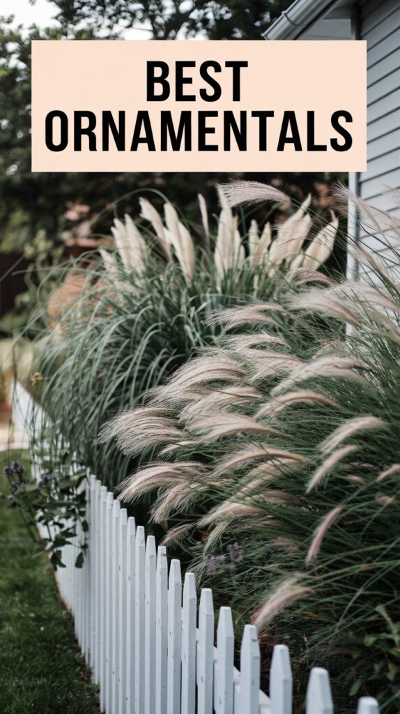 White picket fence with tall ornamental grasses; text reads Best Low-Maintenance Landscaping Ornamentals.
