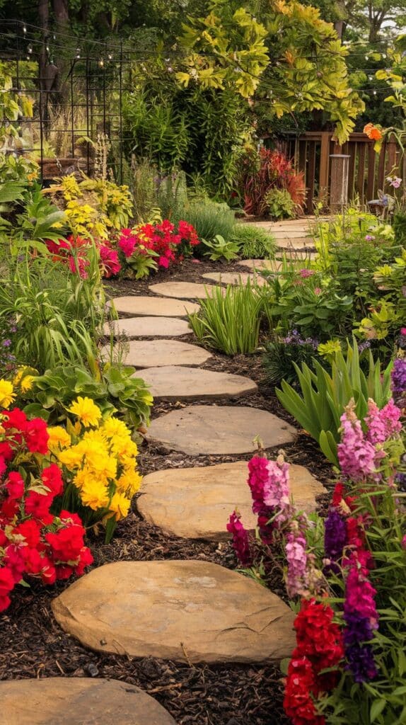 Stone path winding through a colorful flower garden, perfect for DIY sea glass and rock mosaic ideas along the walkway.