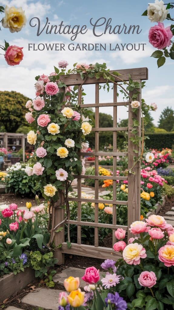 Wooden trellis with pink, yellow roses in vibrant garden; text: Easy Cut Flower Garden Layout for Small Spaces.