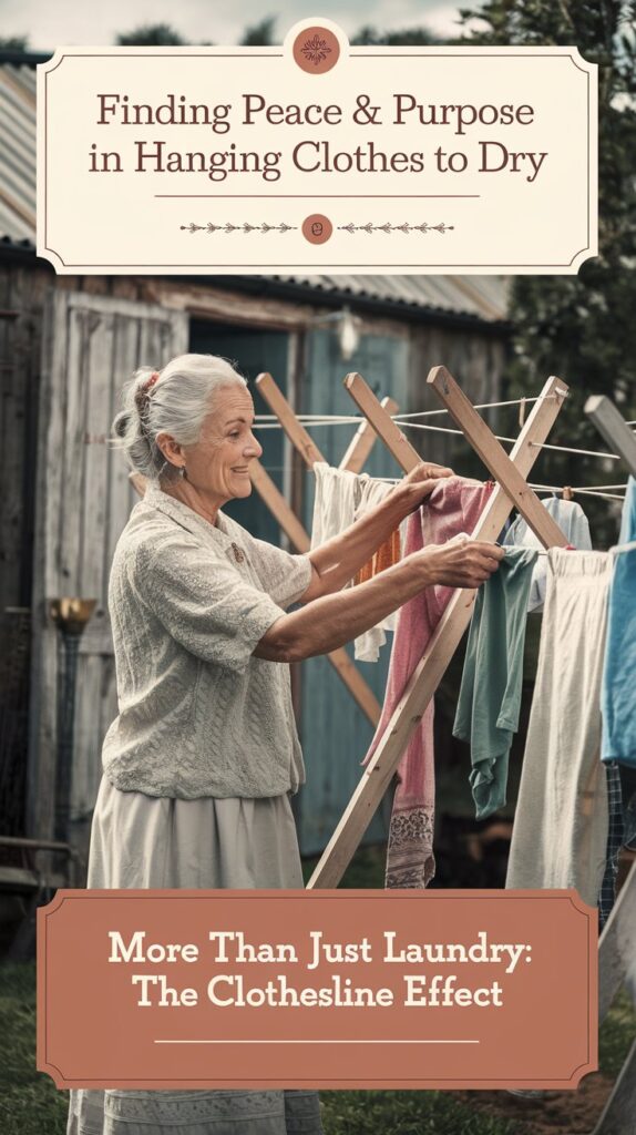 ideal clothesline location Elderly woman smiling while hanging laundry on a retractable clothesline beside rustic wooden buildings outdoors.