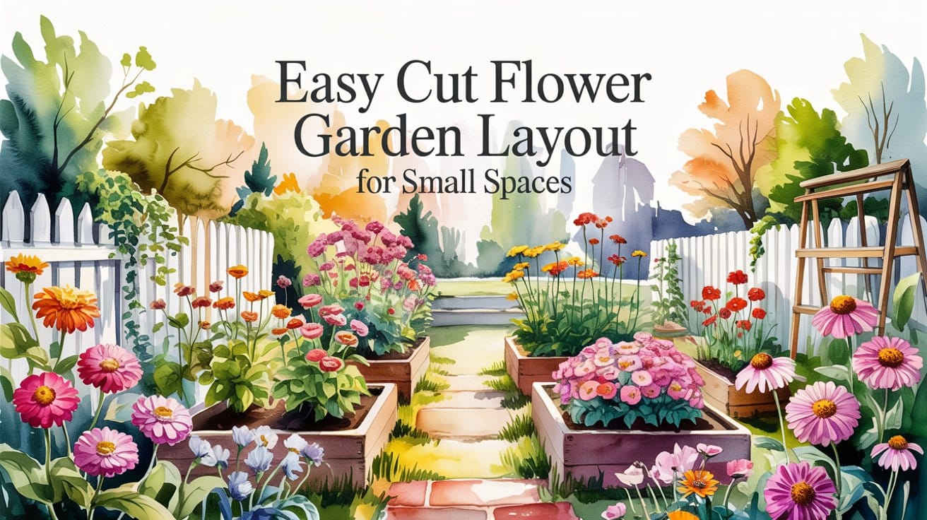 Colorful cut flower garden with raised beds, white fence, and Easy Cut Flower Garden Layout for Small Spaces text.