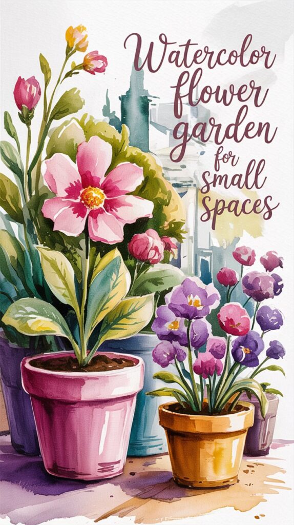 Watercolor illustration of potted flowers with text: Easy Cut Flower Garden Layout for Small Spaces.