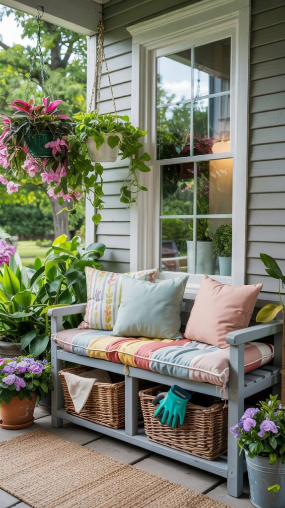 Decorating a front porch for spring on a budget: gray bench, pastel cushions, potted plants, and baskets with gloves below.