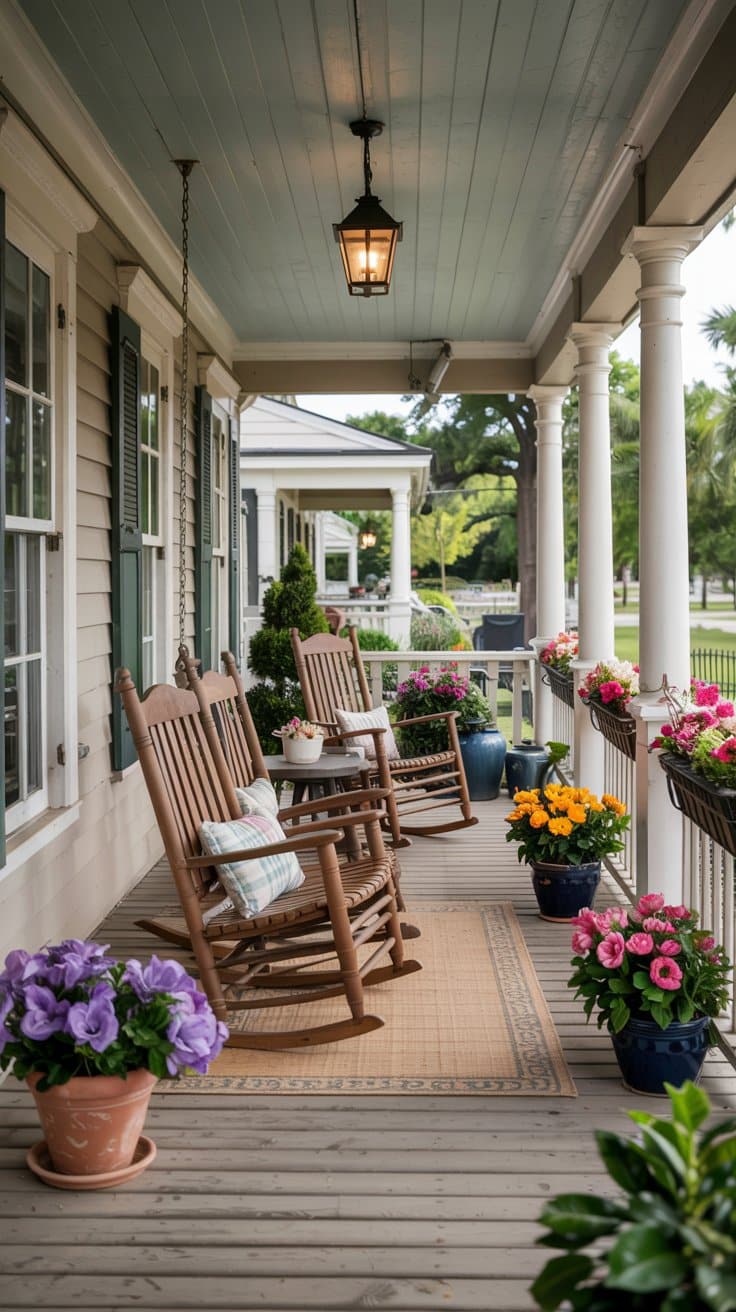 Decorating a front porch for spring on a budget, this space features rocking chairs, flowers, and a cheerful daytime vibe.