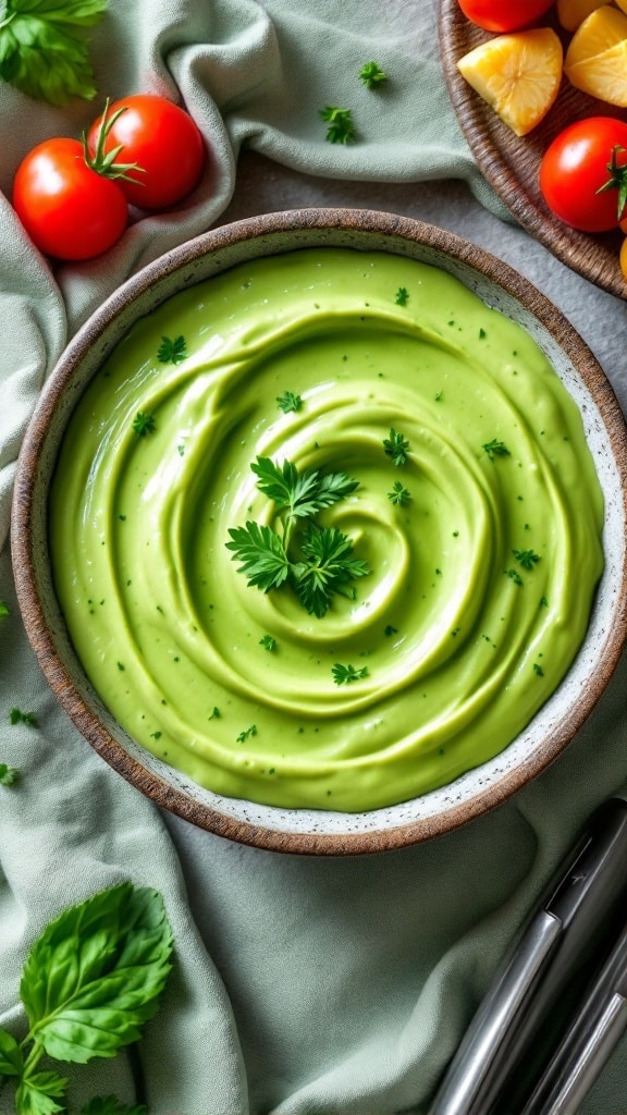 Creamy avocado dressing in a bowl garnished with fresh herbs