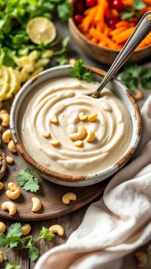 A bowl of creamy cashew dressing garnished with nuts and herbs.