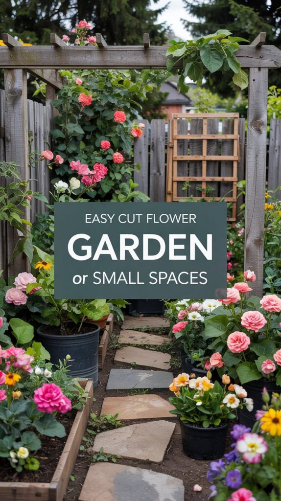 A small garden path framed by a wooden arbor, potted flowers, and rosesโan Easy Cut Flower Garden Layout for Small Spaces.