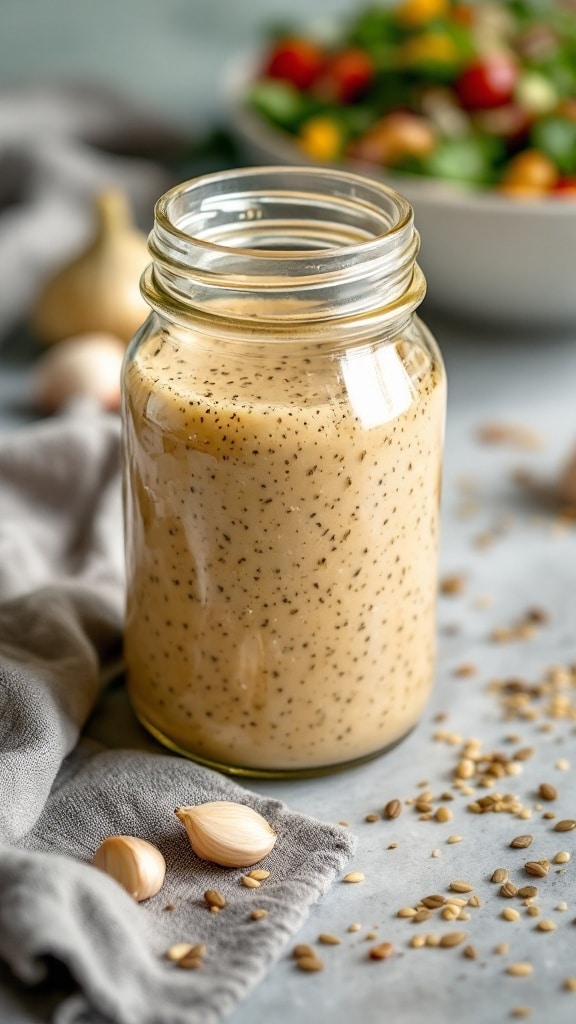 A jar of creamy hemp seed and garlic dressing with garlic cloves and hemp seeds scattered around.