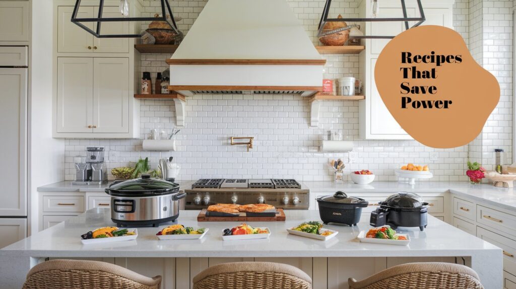 Modern kitchen with slow cookers; text on orange shape reads, 10 Energy-Efficient Recipes That Save Power.