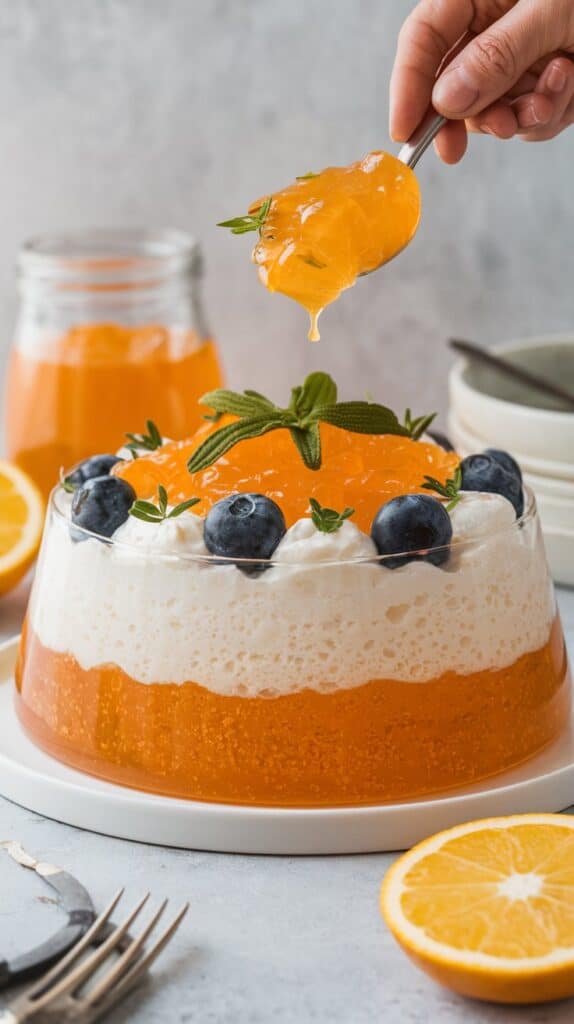 A hand adds orange jelly to a cake topped with whipped cream, blueberries, and mint—like Mom's Orange Cheese Jello Salad.