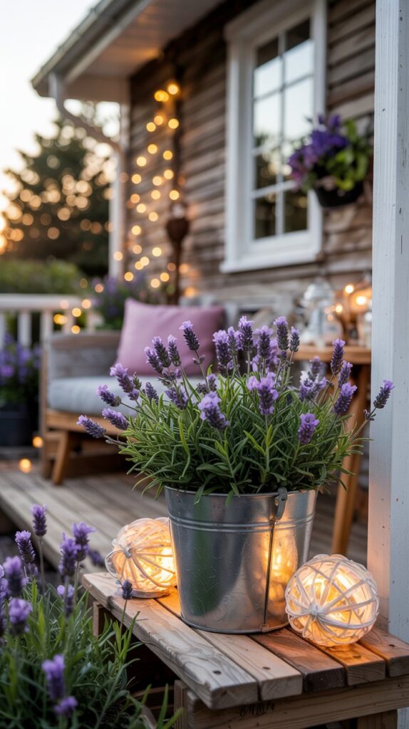 Decorating a front porch for spring on a budget with lavender in a metal pot, cozy lights, and seating at sunset.