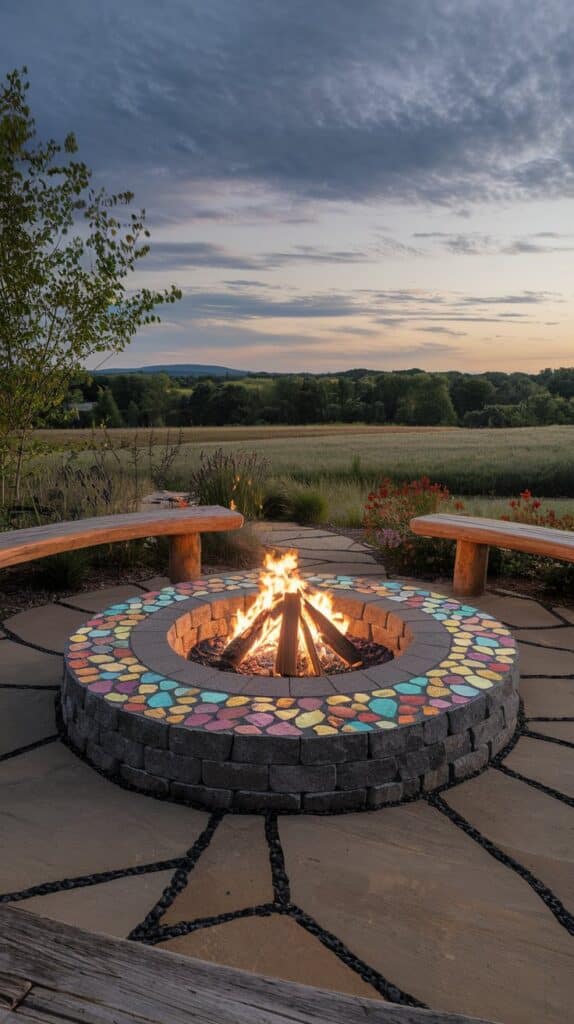 A campfire burns in a stone pit with DIY sea glass and rock mosaic accents, surrounded by benches and a scenic sunset field.