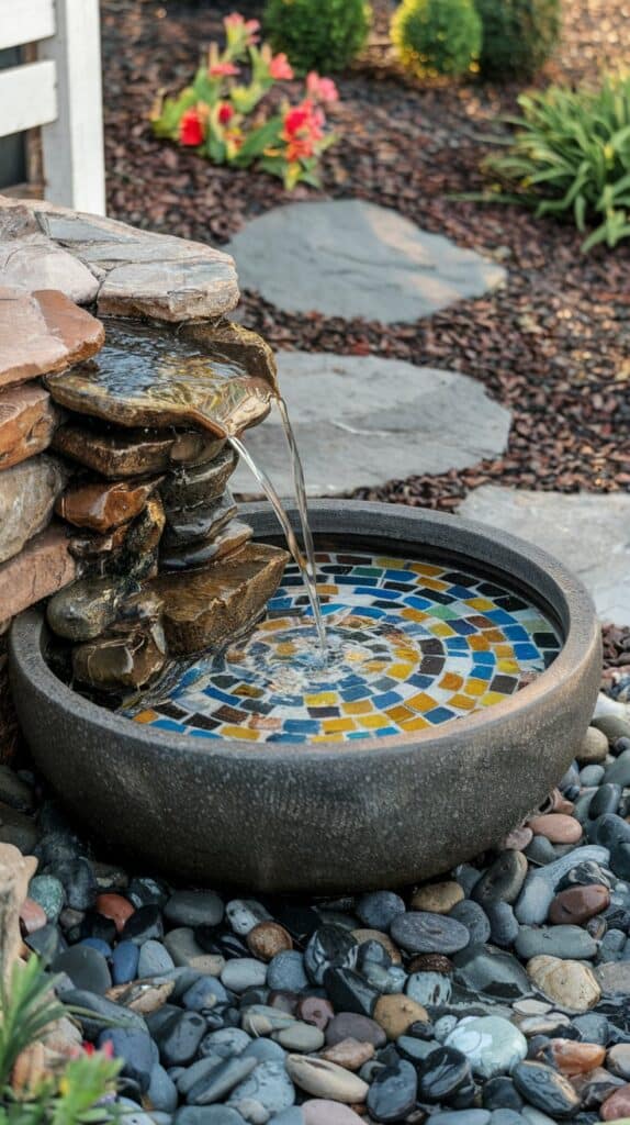 Ceramic fountain with colorful mosaic tiles, inspired by DIY sea glass and rock mosaic ideas, water flows into a round basin.