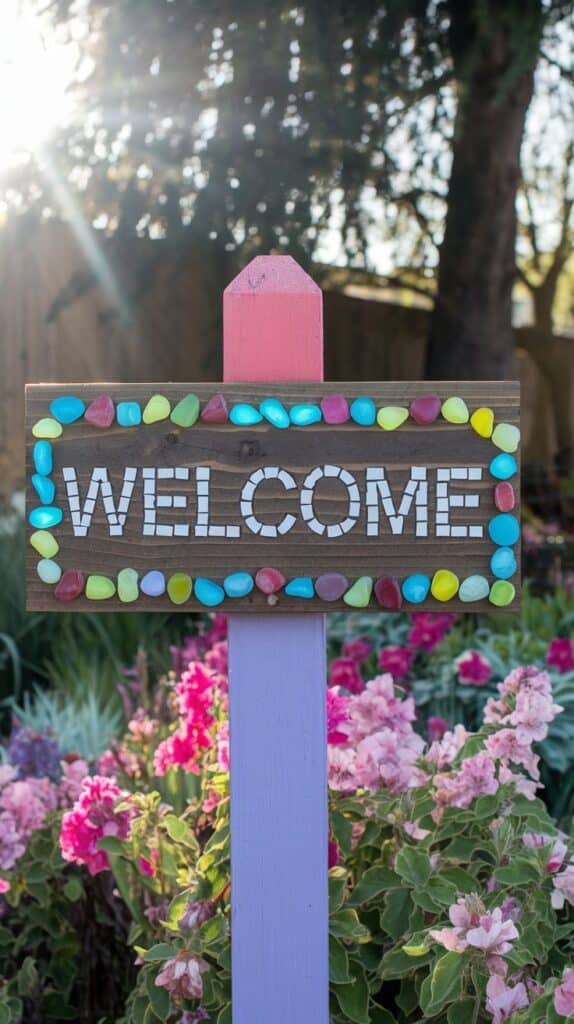 A colorful Welcome sign with mosaic stones, inspired by DIY Sea Glass and Rock Mosaic Ideas, stands amid pink flowers.