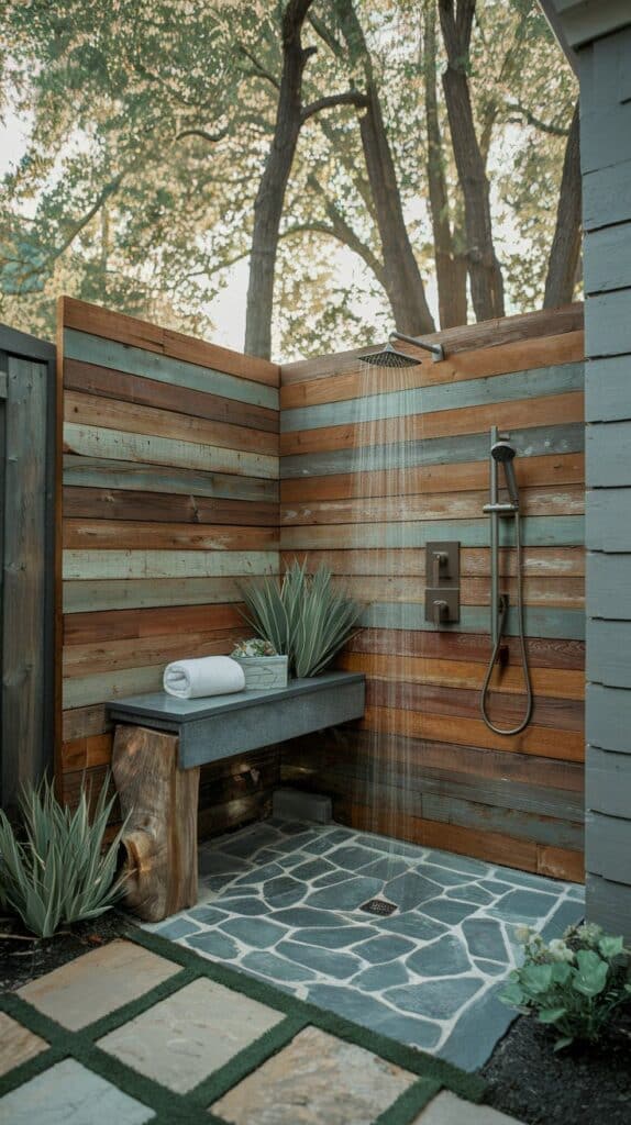 An outdoor bath-inspired shower with stone floor, rustic wood wall, rain head, bench seating, and lush potted plants.