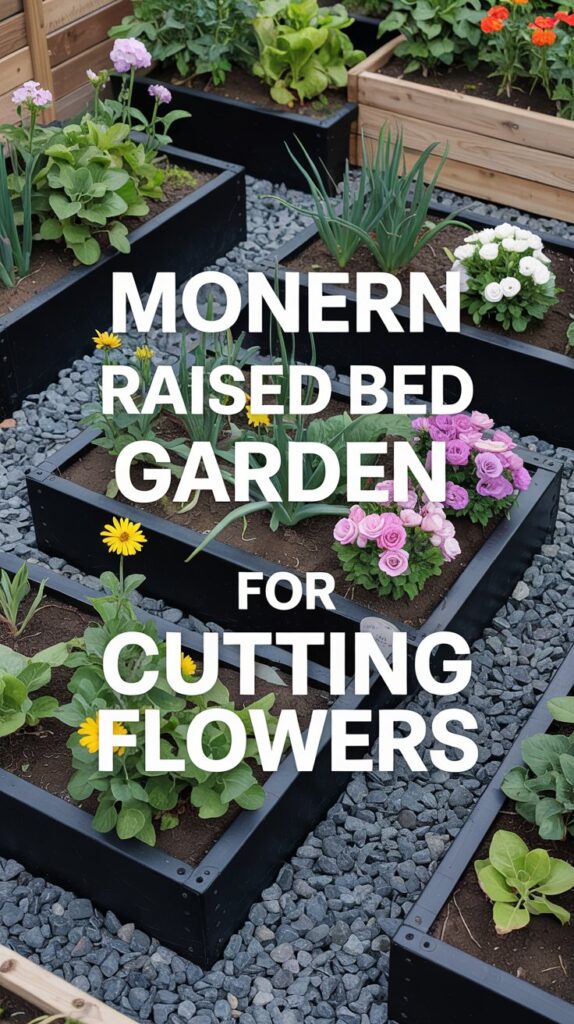 Modern black metal raised beds with various flowers; an Easy Cut Flower Garden Layout for Small Spaces on grey stone.