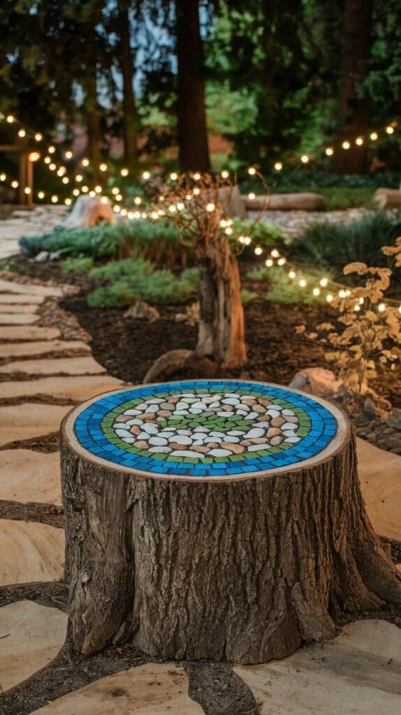 Tree stump table with a blue and green DIY sea glass mosaic top, string lights, and a stone path in a garden.