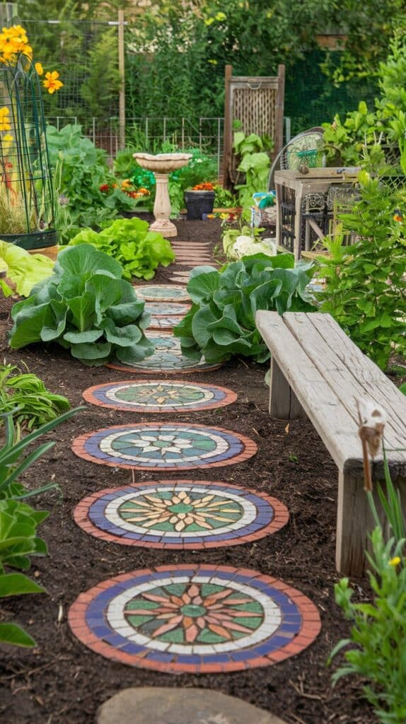 Mosaic stone path inspired by DIY Sea Glass and Rock Mosaic Ideas winds through a lush vegetable garden to a wooden bench.