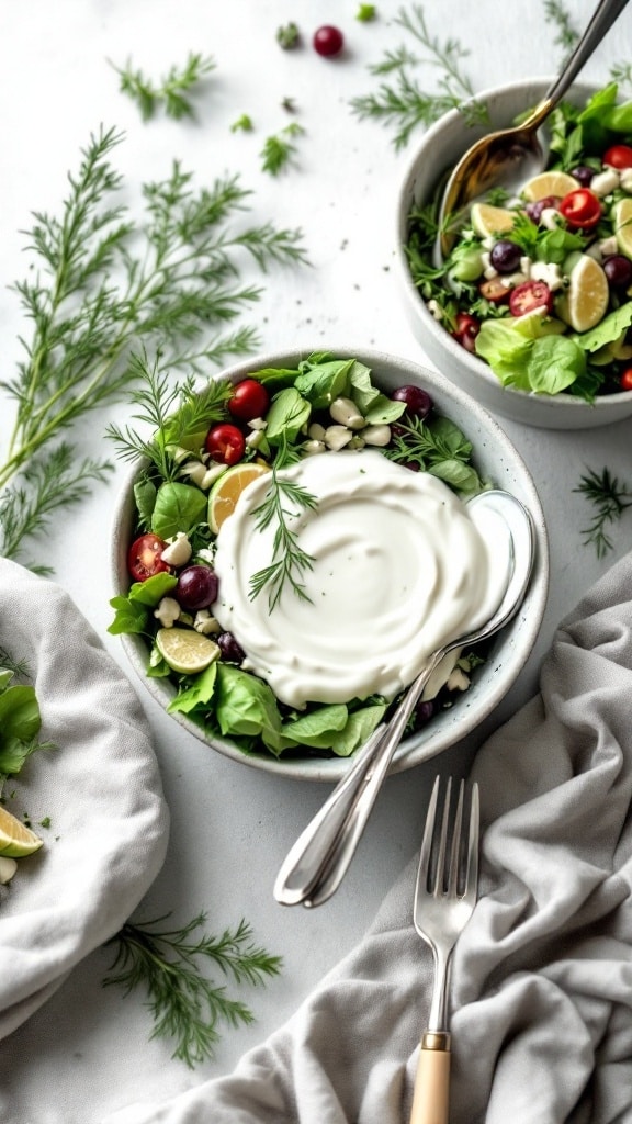 A bowl of creamy yogurt and dill sauce served on a fresh salad with greens and colorful toppings.