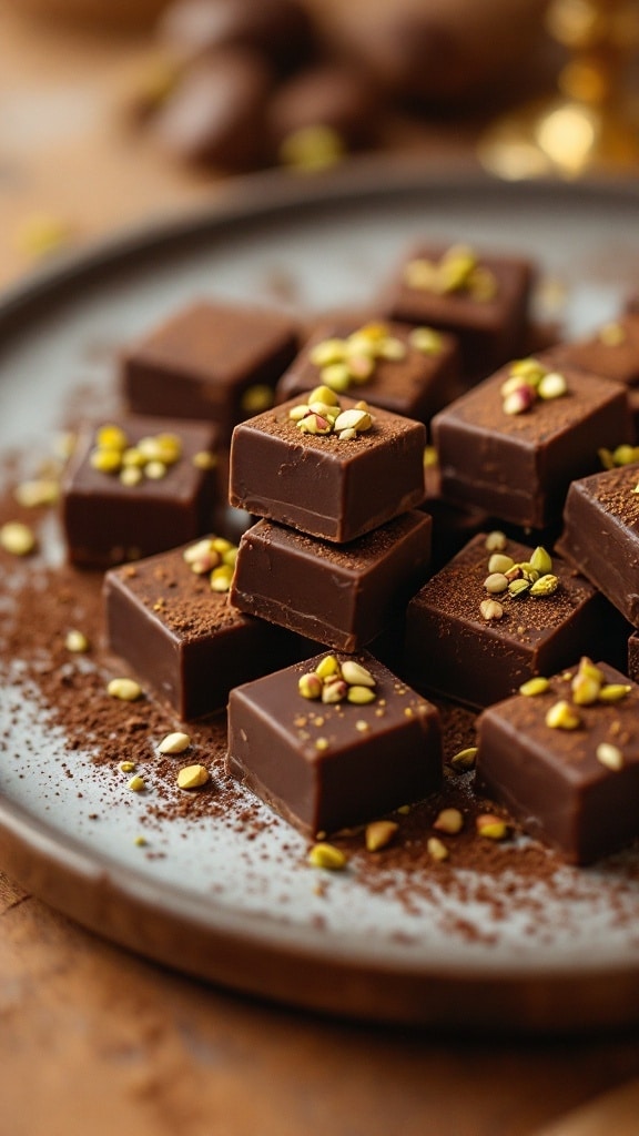 Luxurious Dubai-Style Chocolate Treats Recipe A platter of luxurious chocolate treats dusted with cocoa powder and garnished with pistachios.