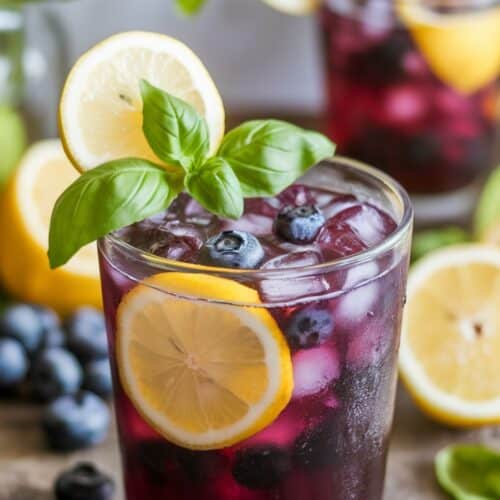 Blueberry Basil Lemonade spring cocktail served iced with lemon slices and fresh basil on a rustic table.