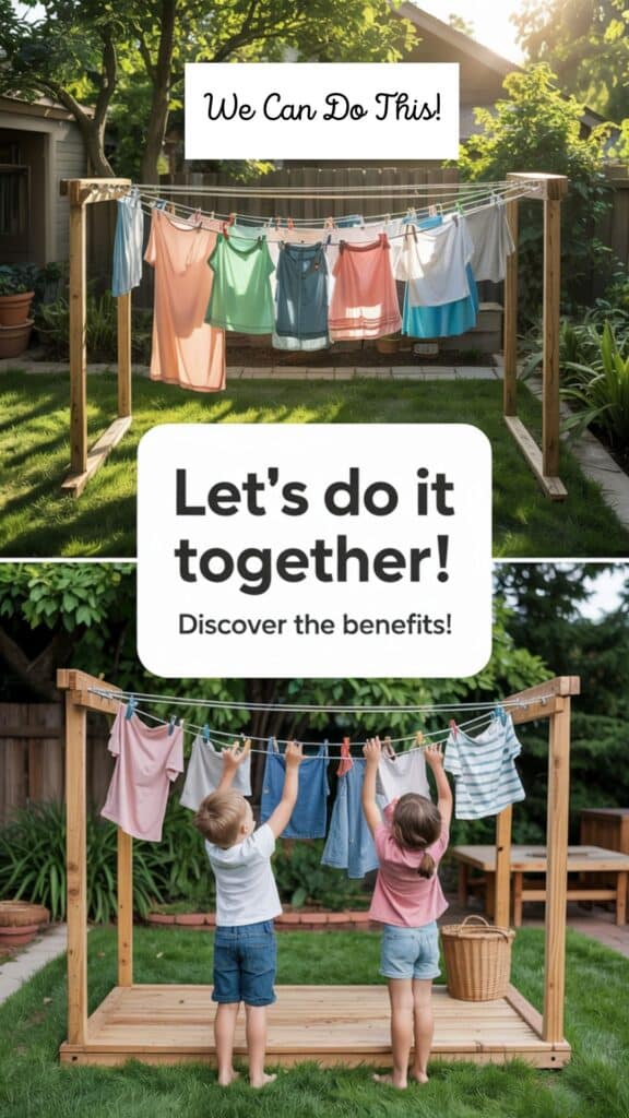 Two kids hang laundry on a wooden rack in sunlight, greenery around them. Welcome to the 30 Day Dryer Free Challenge!