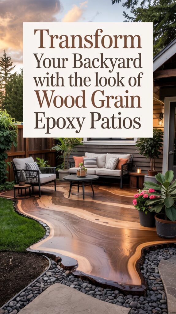 Transform your backyard with the look of wood grain epoxy patiosโenjoy cozy seating, plants, and decorative rocks.