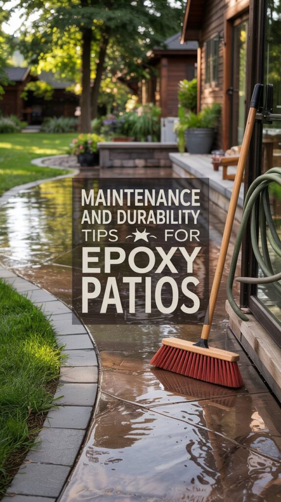 A broom rests on a wet wood grain epoxy patio; text shares tips to transform your backyard and maintain epoxy patios.