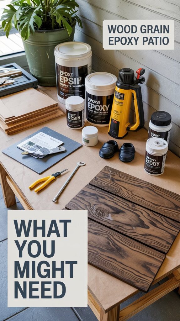 Table with epoxy products, heat gun, tools, wood boardsโplus inspiration to transform your backyard with wood grain epoxy.