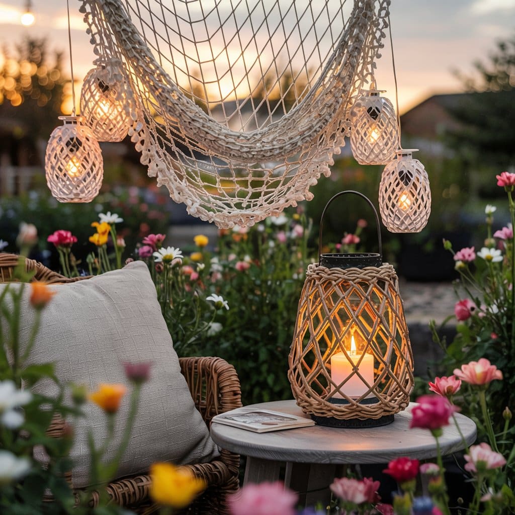 Wicker lanterns and a crochet hammock glow at sunset, bringing nautical themes into your garden of colorful flowers.
