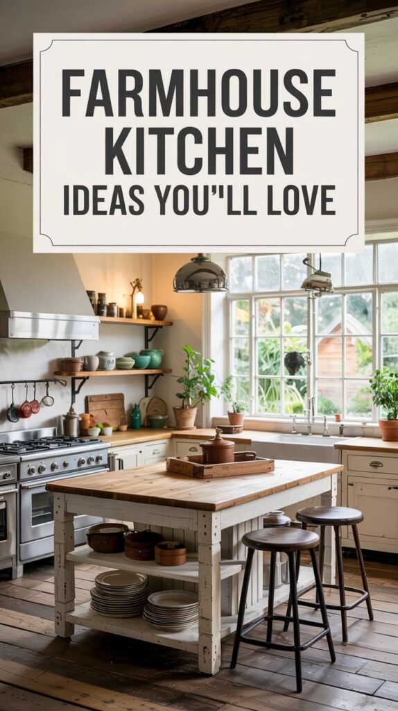 Bright farmhouse kitchen with rustic island, stools, and shelving—farmhouse decor that works in any home (even rentals!).