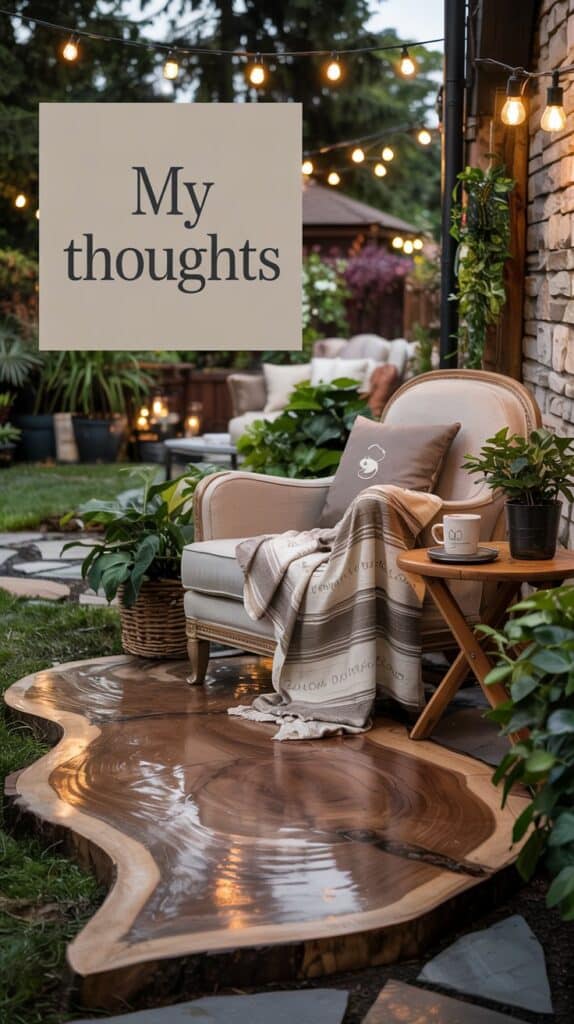 Cozy outdoor lounge with wood grain epoxy patio, chair, blanket, coffee, string lights, plants, and โMy thoughtsโ sign.