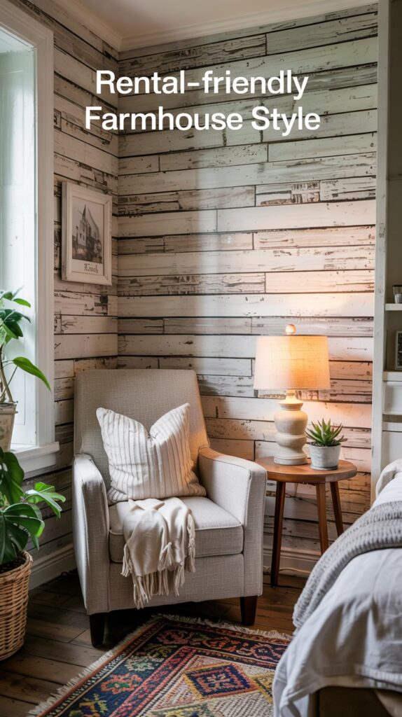 Cozy reading nook with armchair, lamp, plants, and rustic wall. Farmhouse Decor That Works in Any Home