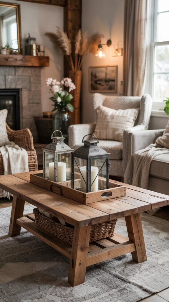 Cozy living room with neutral tones and farmhouse decor that works in any home—even rentals!