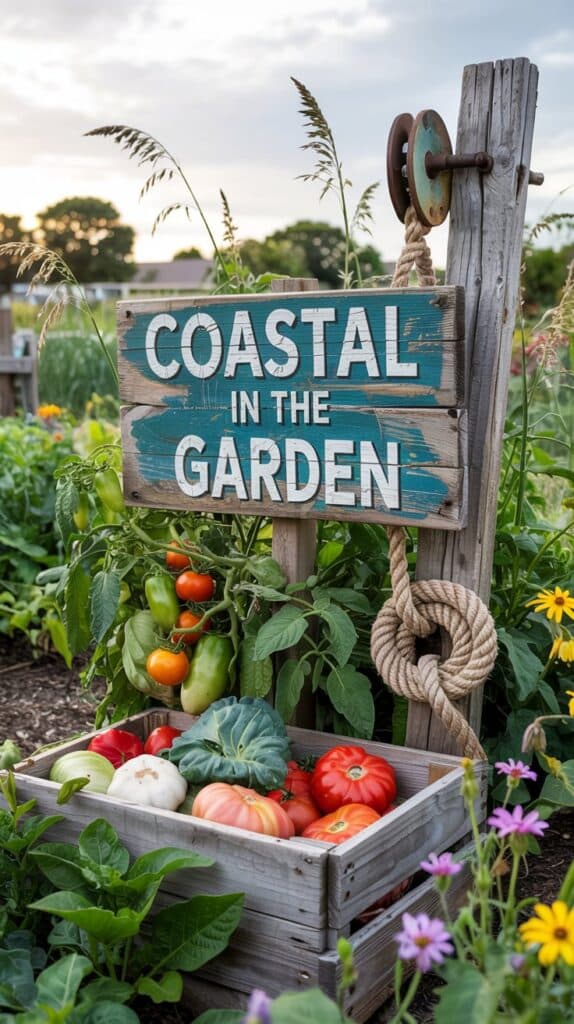 A wooden sign reads Coastal in the Garden above a crate of fresh vegetables, adding nautical themes into your garden.