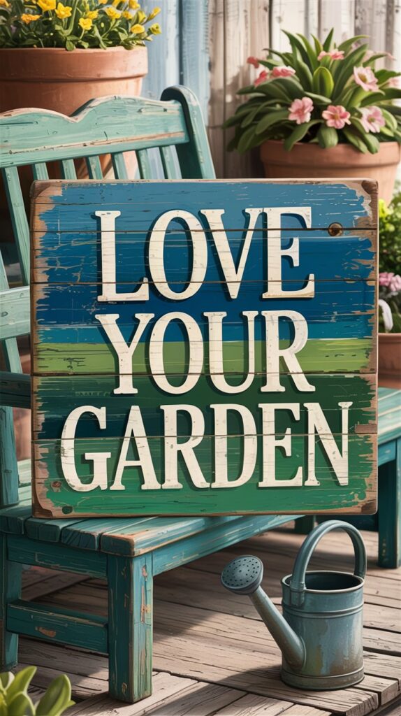 Weathered sign reading LOVE YOUR GARDEN on a teal bench, with flowers and nautical themes added to your garden scene.