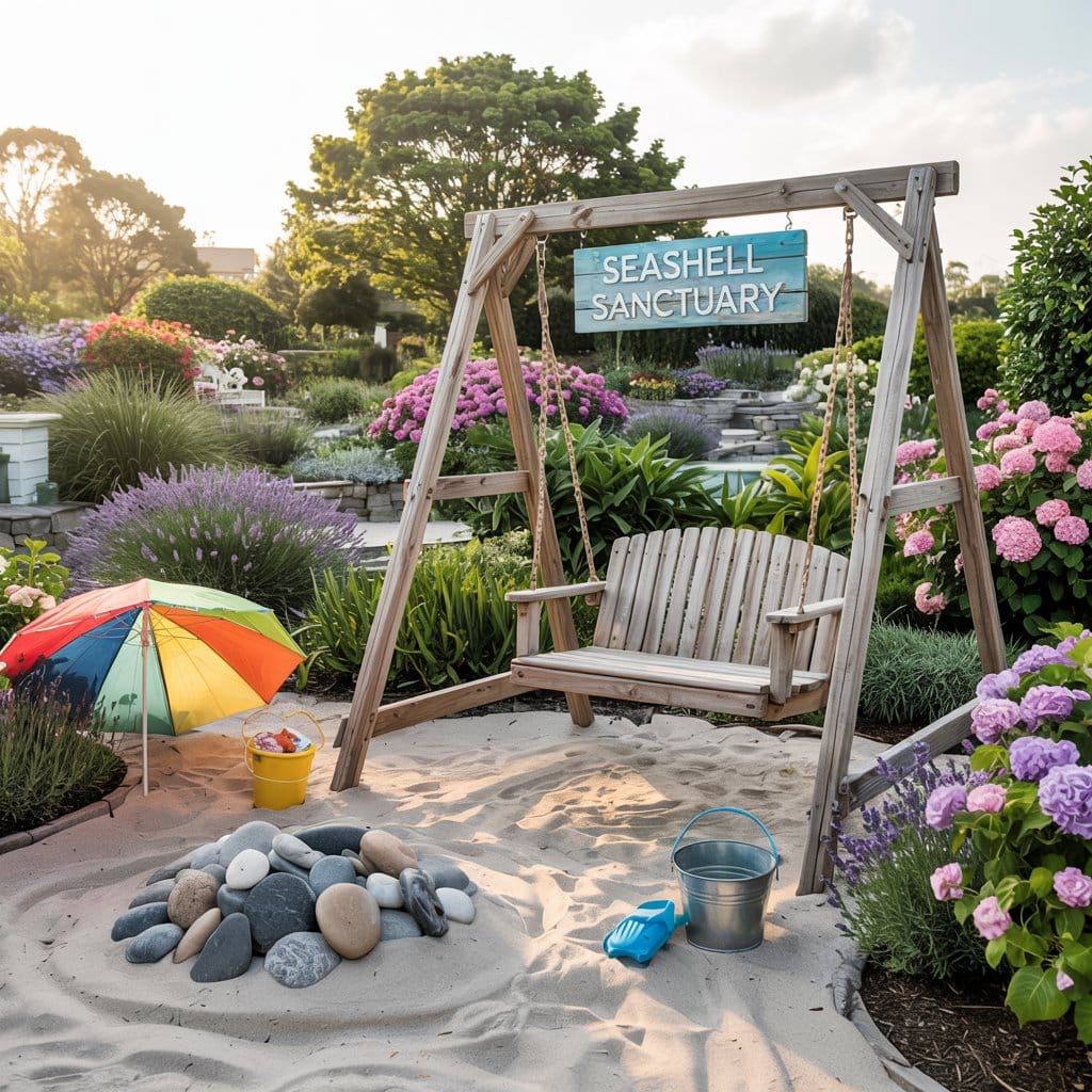 Wooden swing labeled Seashell Sanctuary adds nautical themes into your garden, surrounded by flowers and beach toys.
