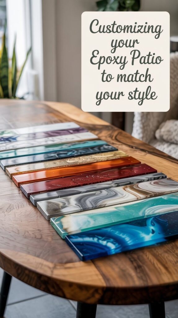 Colorful epoxy samples on a wooden table highlight ways to transform your backyard with wood grain epoxy patios.