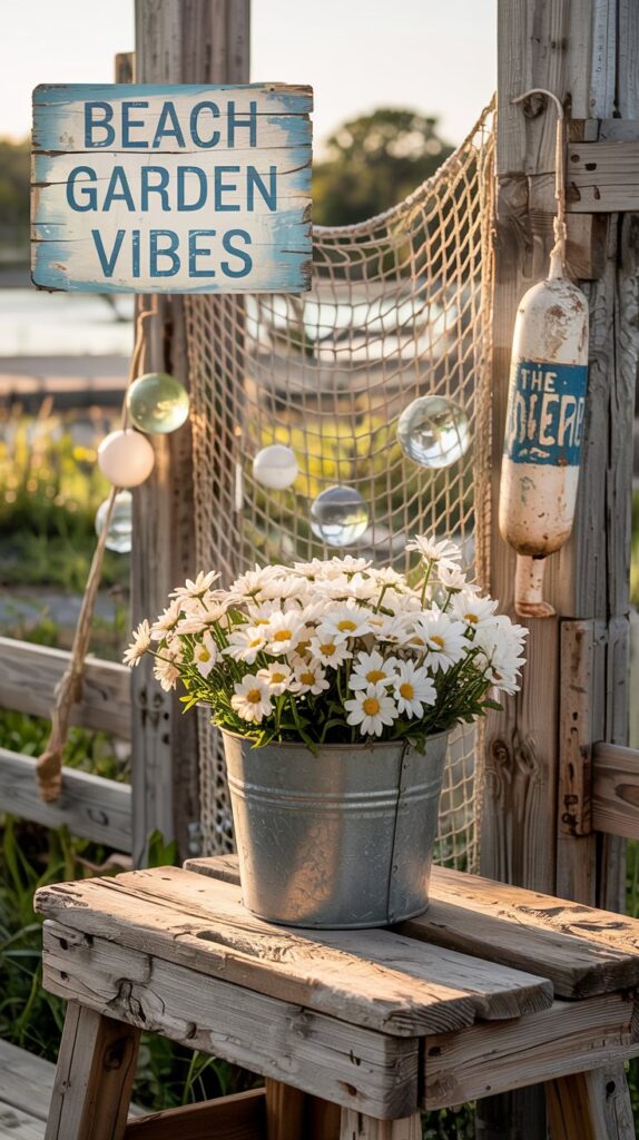 Pail of white daisies on a wooden table with Nautical Themes into Your Garden sign, against a beachy backdrop.