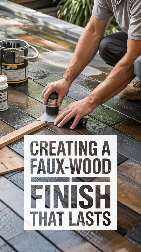 Transform Your Backyard with the Look of Wood Grain Epoxy Patios as a faux-wood finish is brushed onto the flooring.