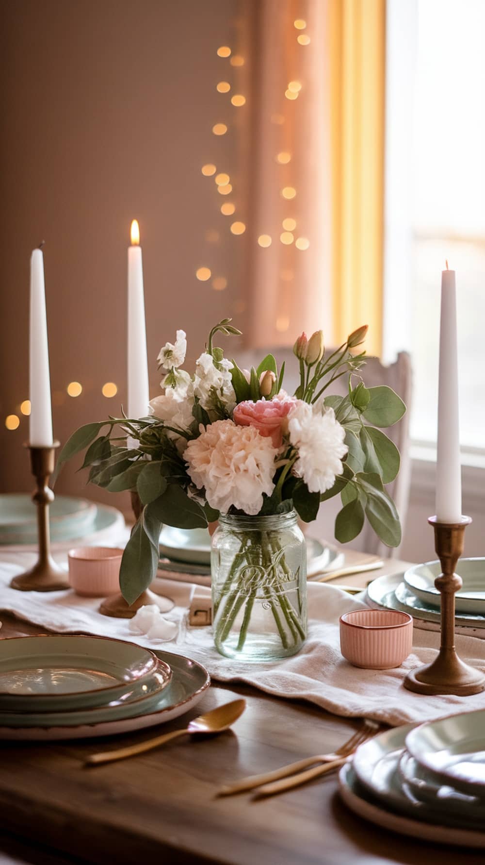 A rustic spring dinner table with a floral centerpiece in a mason jar, surrounded by candles and elegant tableware.