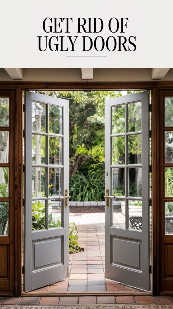 Open double doors lead to a sunny patioāupgrade sliding glass doors to enhance home aesthetics today.