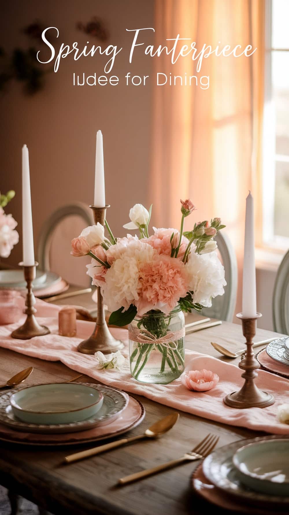 Elegant spring dining table with floral centerpiece and candles