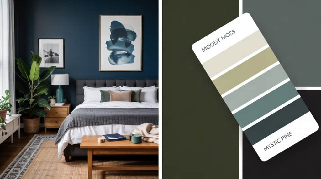 A blue-walled nature-inspired bedroom design with a palette card featuring dreamy green, gray, and cream shades.