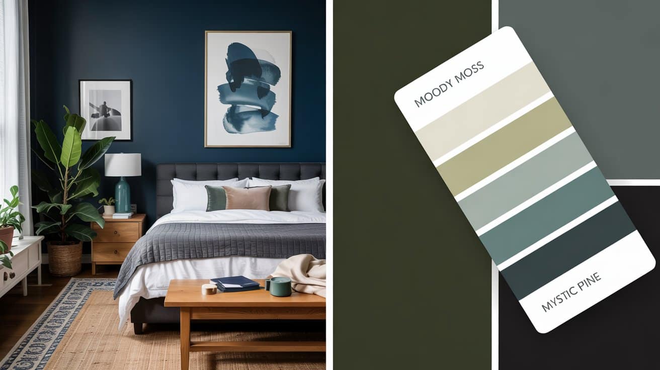 A blue-walled nature-inspired bedroom design with a palette card featuring dreamy green, gray, and cream shades.